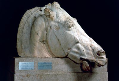 Hodet til en hest fra Chariot of Selene fra den østlige pedimenten av Parthenon, 447-432 f.Kr. av Unbekannt