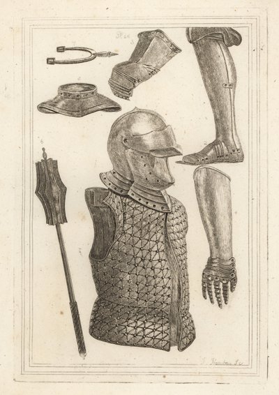 Hjelm og brigandin 1, jerngreve eller benpanser 2, hanske tilhørende John of Gaunt 3, jernhanske 4, gorget 5, jernmace 6, antikk jernsprøytespore 7 av Unbekannt