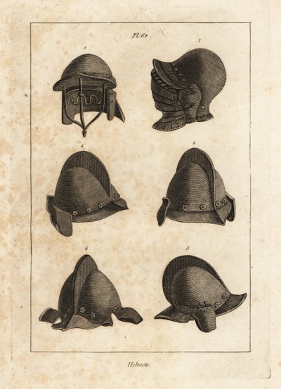 Hjelm med bever som kan åpnes ned i Tower of London 1, dobbel-stavet hjelm 2, og salg med oreillets eller øretelefoner 3-6 av Unbekannt