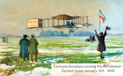 Henri Farman, fransk flyger, vinner premie for første sirkulære kilometerflyvning, Paris, januar 1908 av Unbekannt