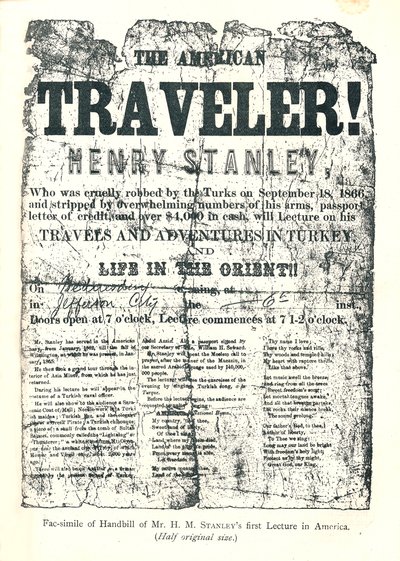 Henry M. Stanley, Handbill fra Lecture Tour in America, oppdaget i en alder av 31 Dr.Livingstone i Afrika av Unbekannt