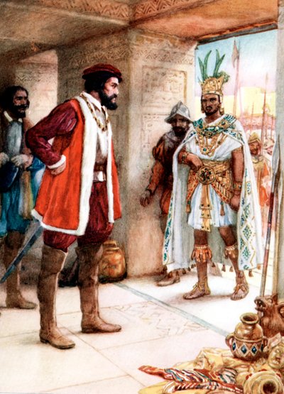 Hernan Cortes møter den aztekiske keiseren Montezuma, 1519 av Unbekannt