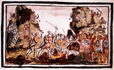 Hernando Cortes Cortez 1485-1547, spansk conquistador, angrep innfødte i Mexico av Unbekannt