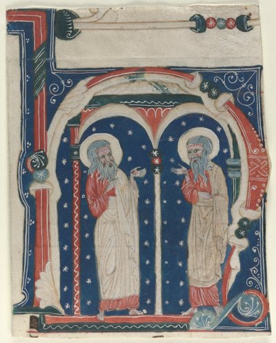 Historikert initial H Utskåret fra et antifonarium: SS. Eremitten Paul og Anthony, c1200-1230. av Unbekannt
