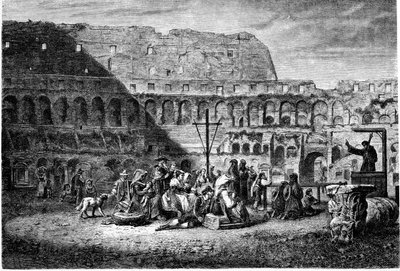 Historien om det gamle Roma. Fasteprekenen på innsiden av Colosseum. Trykk 1800 av Unbekannt