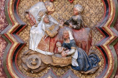 Døperens Johannes historie: "" Døperen Johannes fødsel." Basrelieff av nordenden av Nordkoret (1531). Polykrom stein. 1531. Amiens-katedralen, Amiens, Frankrike av Unbekannt