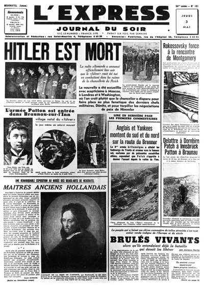 Hitler er død, forsiden av avisen LExpress, 3. mai 1945 av Unbekannt