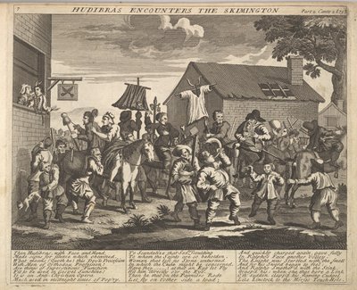 Hudibras Encounters the Skimmington Plate 7: Illustrasjoner til Samuel Butlers Hudi..., 1725-30. av Unbekannt