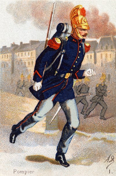 I: Brannmann. Gravering i "Militæralfabetet". Illustratorens initialer: A. D. Ukjent utgiver. Kromolitografier sent på 1800-tallet. Mål: 10,5x7 cm. av Unbekannt