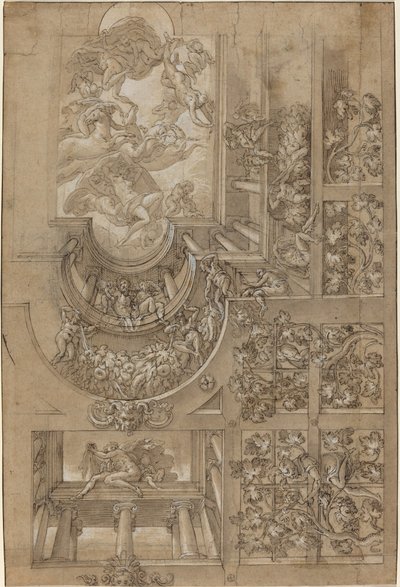 Illusjonistisk tak med druearbor, figurer på plass i gallerier og en sentral..., ca. 1570158 av Unbekannt