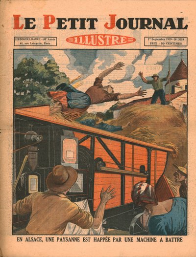 I Alsace blir en bondekvinne fanget i en treskemaskin, 1929. av Unbekannt