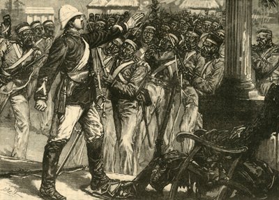 Hendelse i det indiske mytteriet: Løyt. De Kantzow Calming the Sepoys at Mynpooree, 1890. av Unbekannt