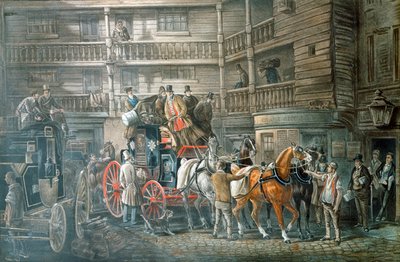 Vertshusgård med postbuss som forbereder seg på å dra, c1840 av Unbekannt
