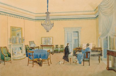 Interiør med figurer. Musikkrommet, 1830-1839 av Unbekannt