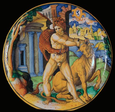Italiensk lertøysplate med et bilde av Hercules og den kretiske oksen, 1500-tallet av Unbekannt