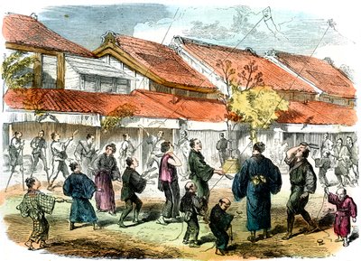 Japansk kamp med battledore og fjærball i gatene i Yokohama, 1865 av Unbekannt