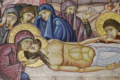 Jesus la på den nye graven til Josef av Arimathea, Detalj av mosaikkkunst som skildrer begravelsen av Jesus Kristus, Den hellige gravs kirke, Jerusalem, Israel av Unbekannt