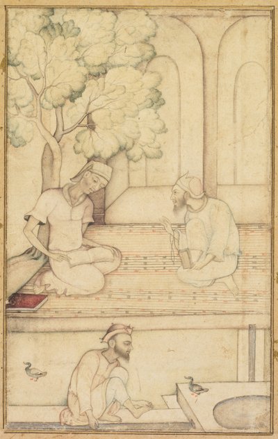 Kabir og to følgere på en terrasse recto, kalligrafi verso, ca. 1610-1620. av Unbekannt