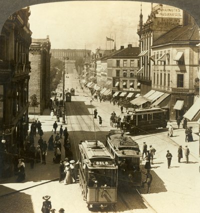 Karl Johans gate, W.N.W. til Det Kongelige Slott, Christiania, Norge, c1905. av Unbekannt