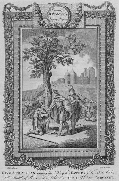 Kong Athelstan reddet livet til sin far, Edward den eldste i slaget ved Sherwood, c1787 av Unbekannt