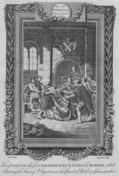 Kong Edmund den første myrdet av Leolf the Robbe, c1787 av Unbekannt