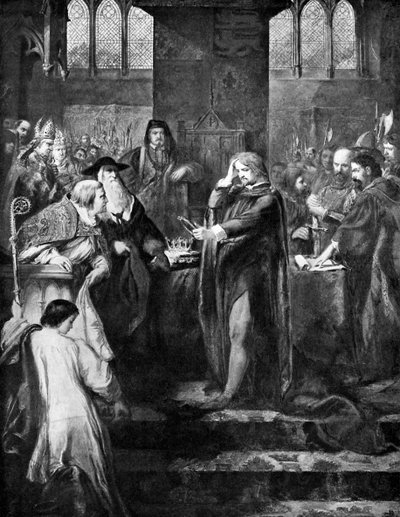Kong Richard II overga kronen til sin fetter Bolingbroke, 1399, c1920 av Unbekannt