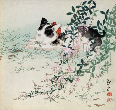 Kattunge i gress og bladblomster - japansk trykk av Unbekannt