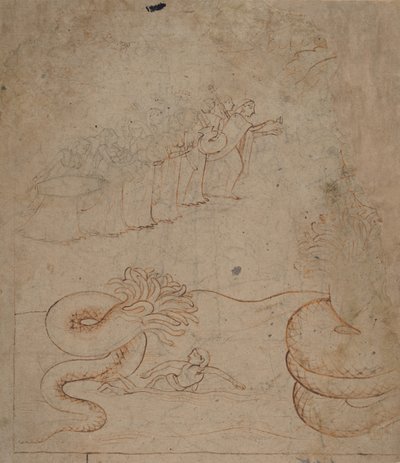 Krishna underkuer slangen Kaliya i Yamuna-elven..., ca. 1780. av Unbekannt