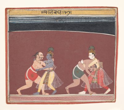 Krishna og Balarama kjemper mot den onde kongen Kamsas Wrestlers..., ca. 1650. av Unbekannt