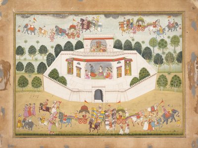 Krishna og Balarama innenfor et inngjerdet palass: Side fra en spredt Bhagavata Purana..., ca. 1700. av Unbekannt