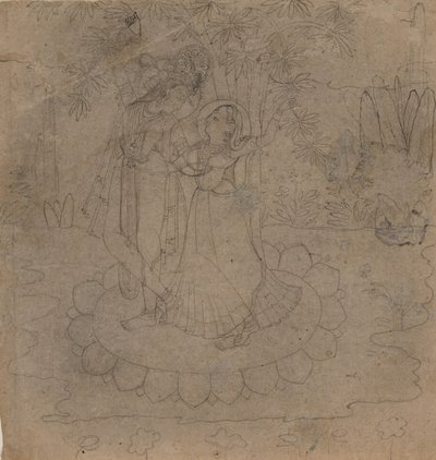 Krishna og Radha Standing on a Lotus, slutten av 1800-begynnelsen av 1900-tallet. av Unbekannt