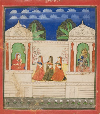 Krishna og Radha i to paviljonger, 1800-tallet av Unbekannt