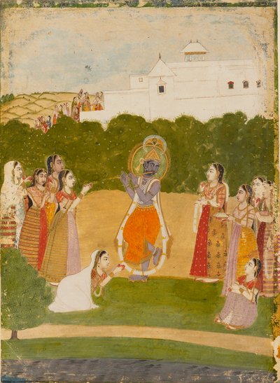 Krishna ved siden av en elv som spiller på fløyte, c1720 av Unbekannt