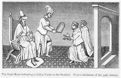 Kublai Khan gir en gylden tablett som sikrer sikker passasje til Niccolo og Maffeo Polo (gravering) av Unbekannt