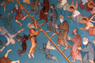 Kykkos kloster, Kypros. The Ladder of Divine Ascent med de gode til høyre og de dårlige til venstre, 20150510, Pedoulas, Kypros av Unbekannt