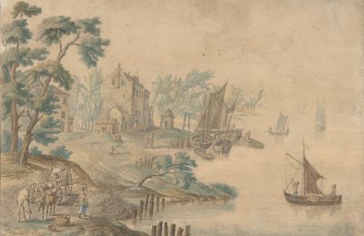 Landskap med hester og kjerrer og en elv til høyre, 1700-tallet. av Unbekannt