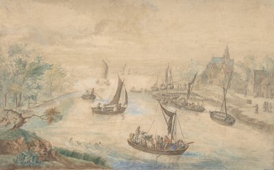 Landskap med elv i sentrum, med ferge, 1700-tallet. av Unbekannt