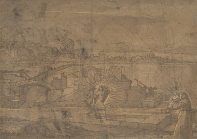 Landskap med den hellige Christopher og den mannlige klosterhelgen recto..., 1500-tallet. av Unbekannt