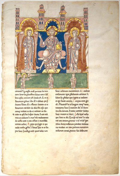 Blad fra et Beatus-manuskript: Kristus i majestet med engler og Guds engel..., ca. 1180. av Unbekannt