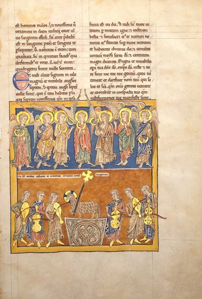 Blad fra et Beatus-manuskript: Syv engler holder koppene til de syv siste plager..., ca. 1180. av Unbekannt