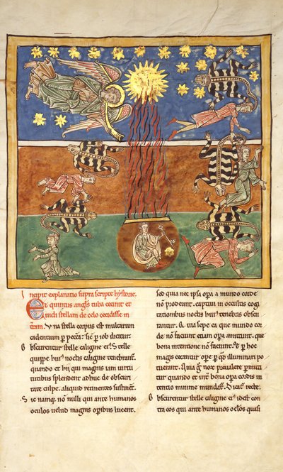 Blad fra et Beatus-manuskript: ved Clarion of the Fifth Angels Trumpet..., ca. 1180. av Unbekannt
