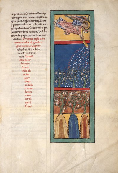 Blad fra et Beatus-manuskript: The First Angel Sounds the Trumpet..., ca. 1180. av Unbekannt