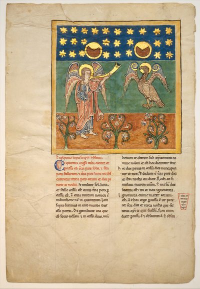 Blad fra et Beatus-manuskript: den fjerde engelen lyder trompeten og en ørn..., ca. 1180. av Unbekannt