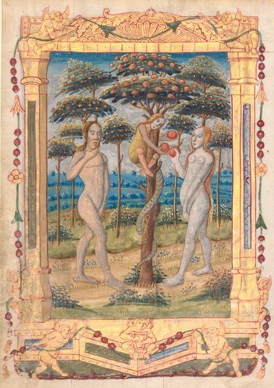 Blad fra en timebok: Adam og Eva og menneskets fall...recto, ca. 1510. av Unbekannt