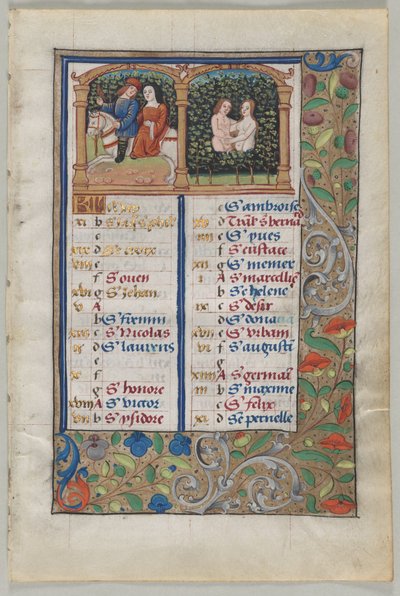 Blad fra en timebok: Kalenderside for mai recto og kalenderside for juni..., ca. 1510. av Unbekannt