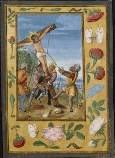 Blad fra en timebok: The Raising of the Cross, ca. 1510-1520. av Unbekannt