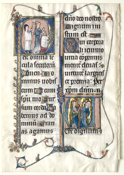 Blad fra et missal med to historiske initialer: Initial P[er omnia centuries saeculi]..., ca. 1300 av Unbekannt