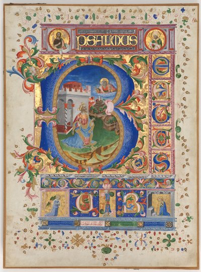 Blad fra en psalter med historisk initial B: Kong David, ca. 1450. av Unbekannt
