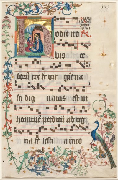 Leaf from an Antiphonary: Initial H med Nativity recto, ca. 1480. av Unbekannt