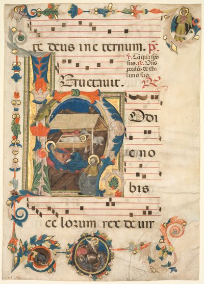 Leaf from an Antiphonary med Historiated Initial H med The Nativity recto, tidlig på 1300-tallet. av Unbekannt